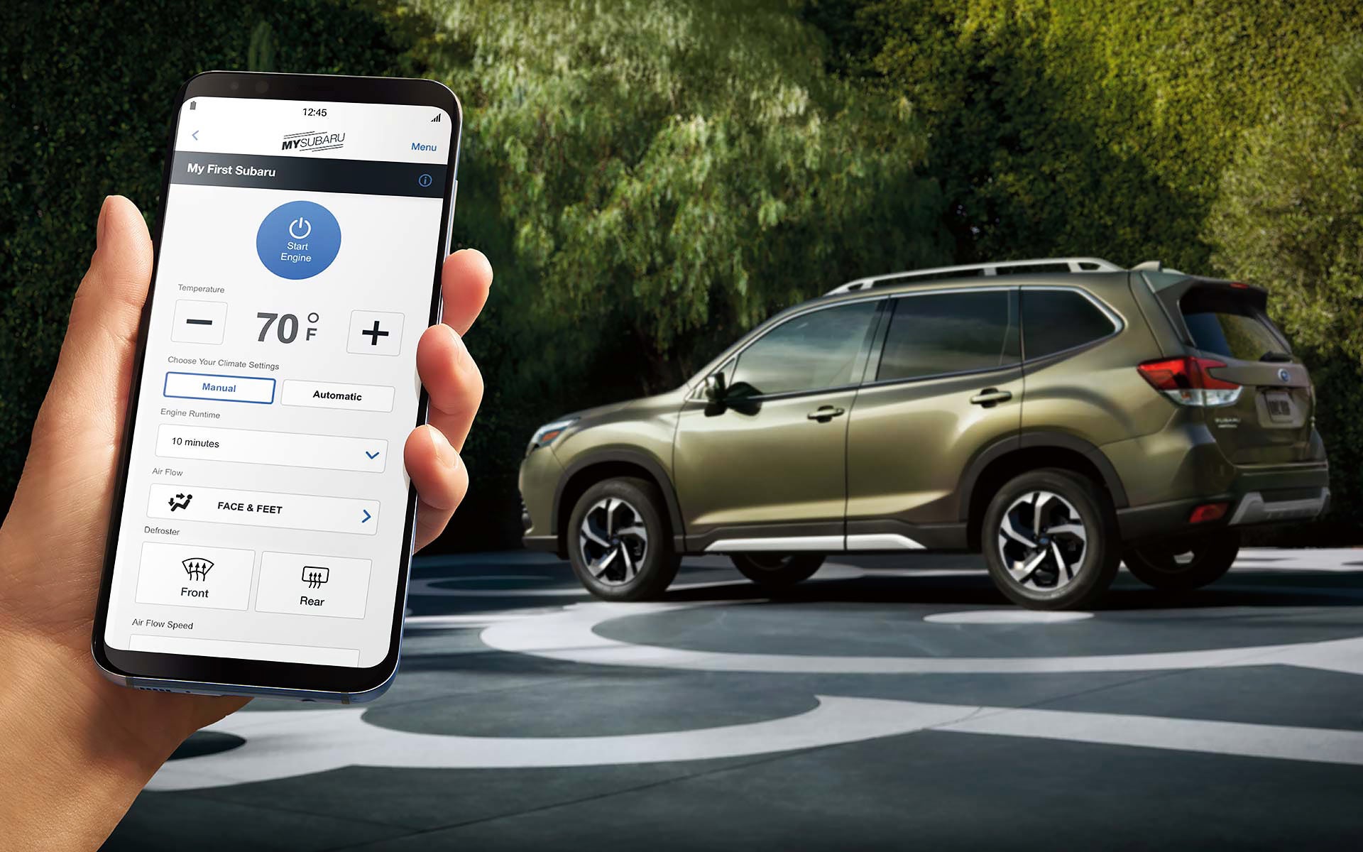 A close-up of a phone showing the Remote Engine Start with Climate Control feature of SUBARU STARLINK® Safety and Security available on the 2022 Forester. | Dutch Miller Subaru in Charleston WV
